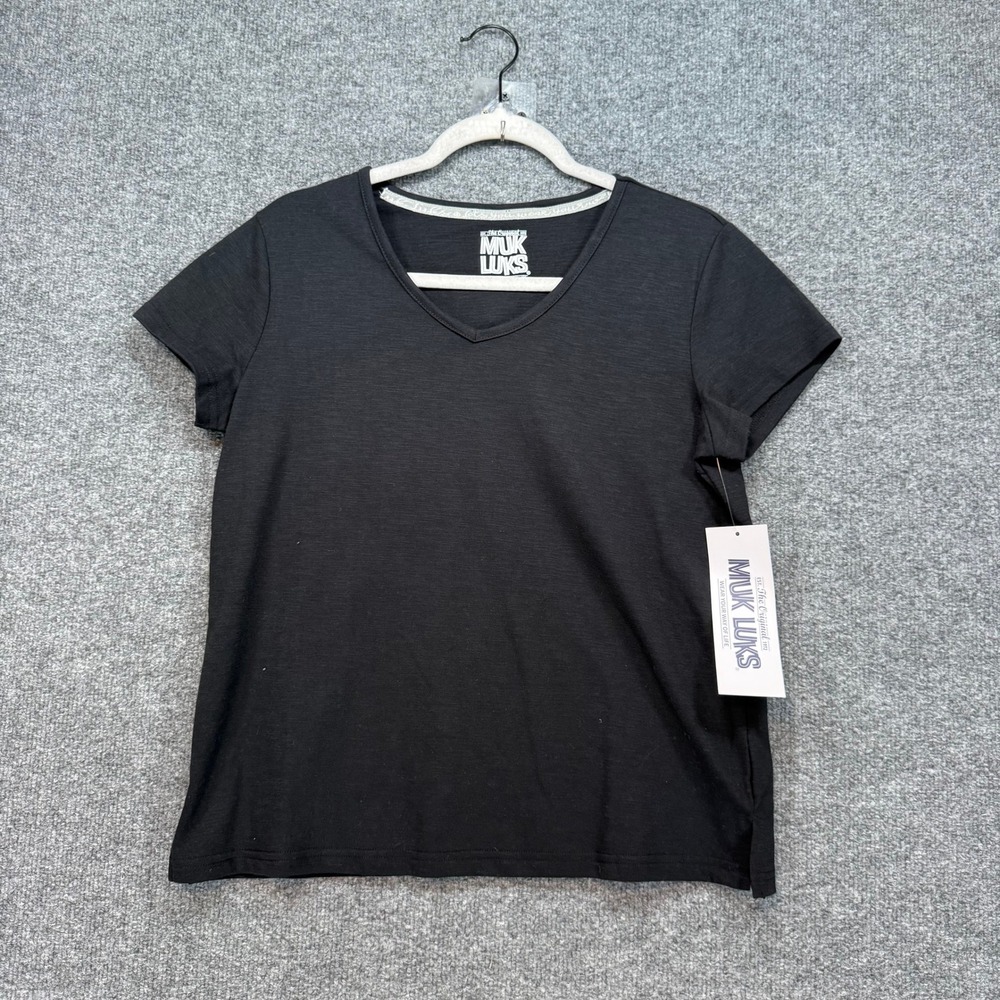Muk Luks Tshirt Womens Medium Black Vneck Cotton Blend Casual Basic NEW